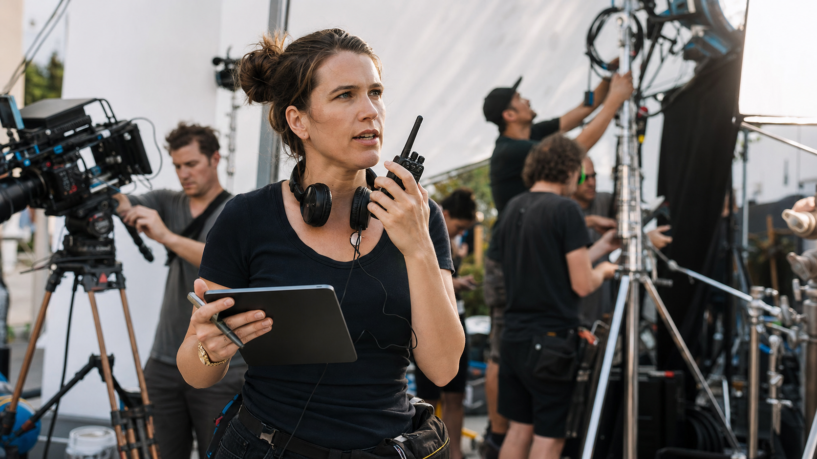 Coordinatrice de plateau avec talkie-walkie et tablette dirigeant une équipe technique sur un tournage