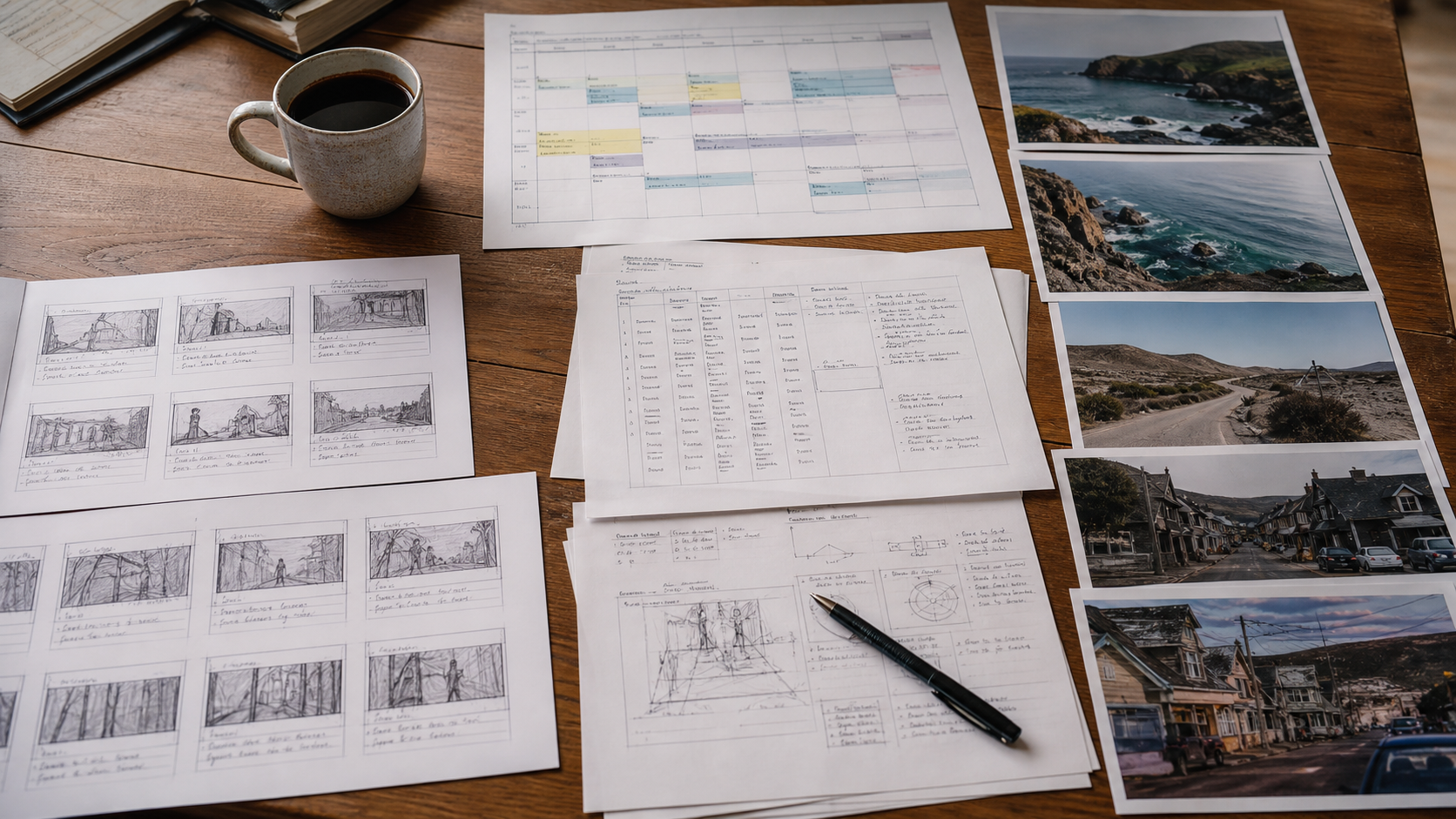 Table de travail avec un découpage technique, un plan de travail et des photos de repérage étalées